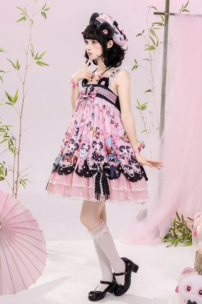 [Pre-order Deadline: October 25] Pink/Green Chinoiserie Lolita Sweet Panda Ear Bow High-Waist Tiered JSK Dress + Bow-Waist Panda Print Dress