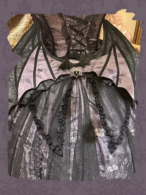 【10月30日予約締切】Purple And Black Gothic Lolita Dress Complete Set [Bunny Ear Hat Version/Witch Hat Version] (Witch Print Bustier Dress + Black Short-Sleeved Blouse + Bat Wing Back Train + Detachable Princess Sleeves)