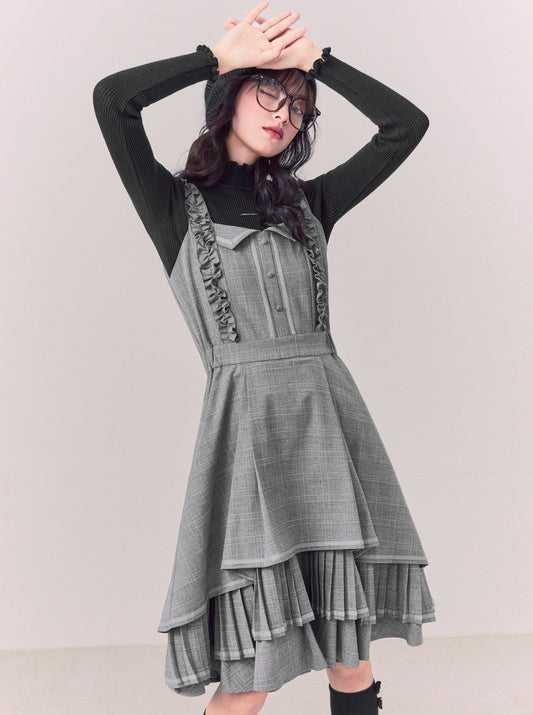 Layered Check Ruffle Suspender Skirt