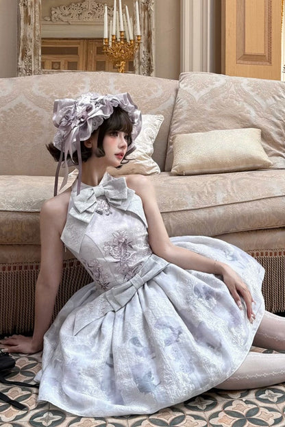 [Scadenza prenotazioni 98] Abito Lolita stile cinese con scollo all'americana, fiocco e ricamo giglio effetto vetrata, nero x viola / bianco x viola