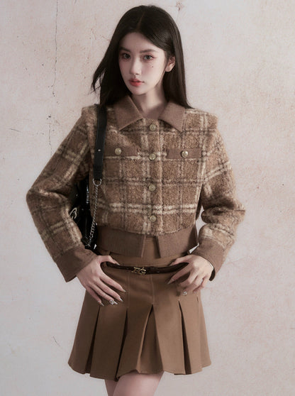 Maillard Style Retro Check Jacket + Pleated Skirt