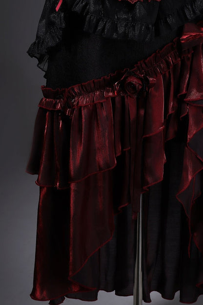 [Pre-order] Red and Black Dark Gothic Lolita Ruffle Slit Long Skirt + Pull-Up Overskirt