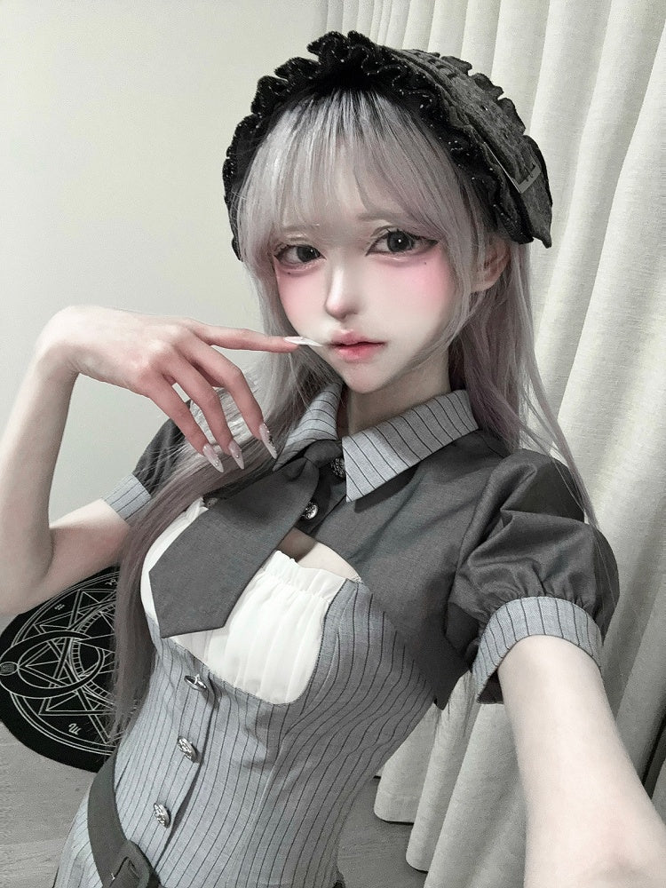 【4月15日予約締切】グレーピンストライプタイカラーショートジャケットドレスフルセット＋ジュエルキャスケット