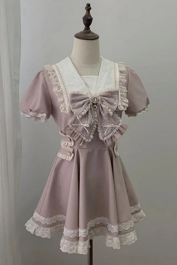 [Pre-order Deadline: April 15] Sailor Collar Pink Lace Jewel Ribbon Dress + Accessories