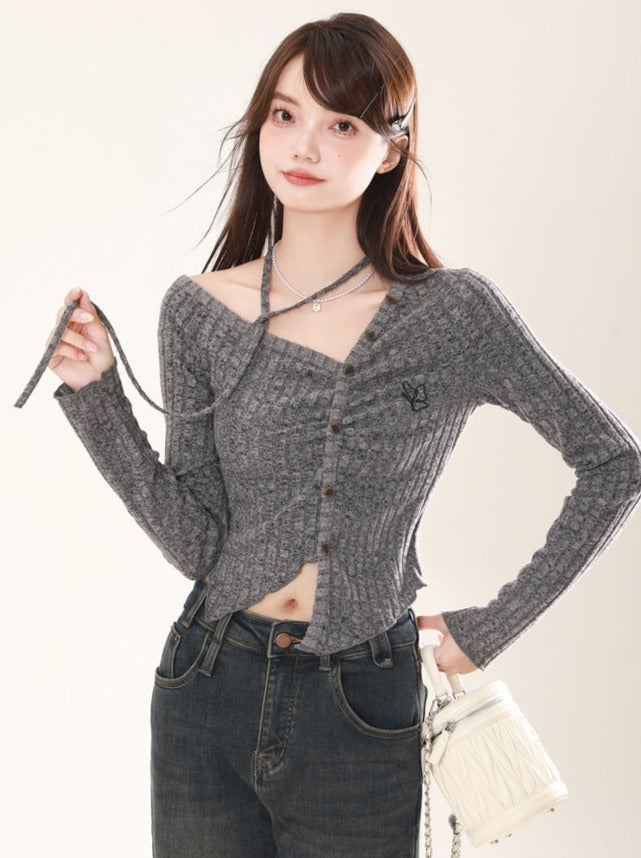 Butterfly Niche Design Slim V Neck Strap Knit