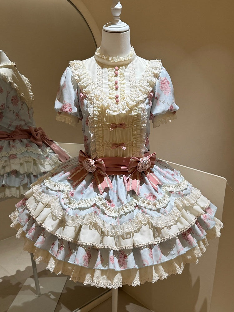 [Reservierungsschluss 7. September] Pink-blaues süßes Lolita-Stufenkleid mit romantischem Rosenprint