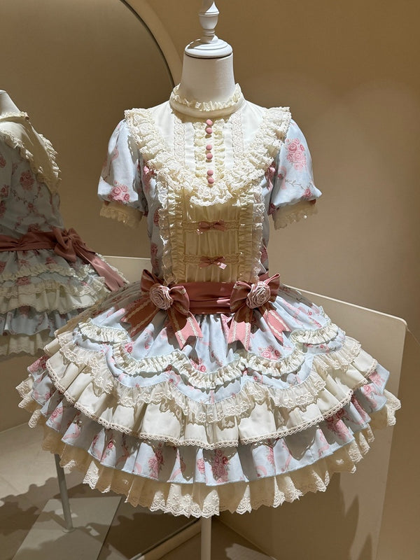 [Pre-order Deadline: September 7] Pink and Blue Romantic Rose Print Sweet Lolita Tiered OP Dress