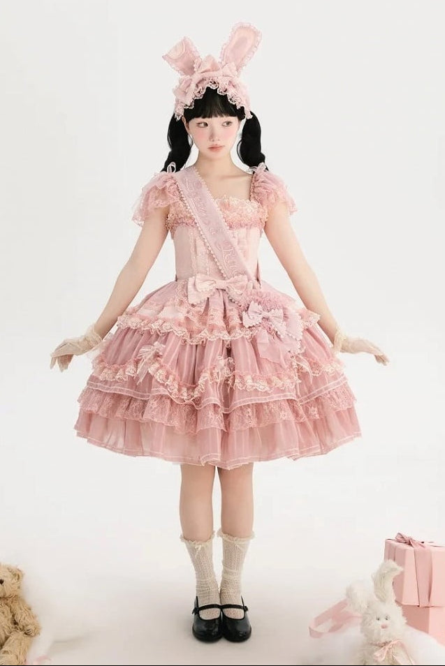 【6月20日予約締切】ピンク/ブルースイートラビットリボンフェアリープリンセスレースティアードJKSドレス