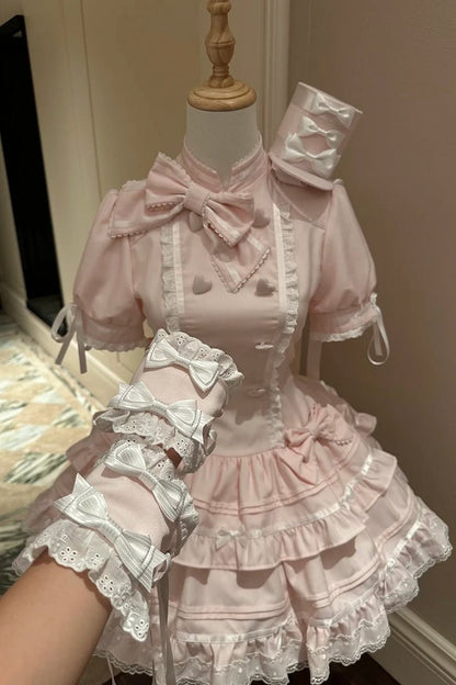 【10月23日予約締切】Pink Sweet Lolita Puff Sleeve Bow Frill Dress＋Full Set (with Hat and Wrist Cuffs)