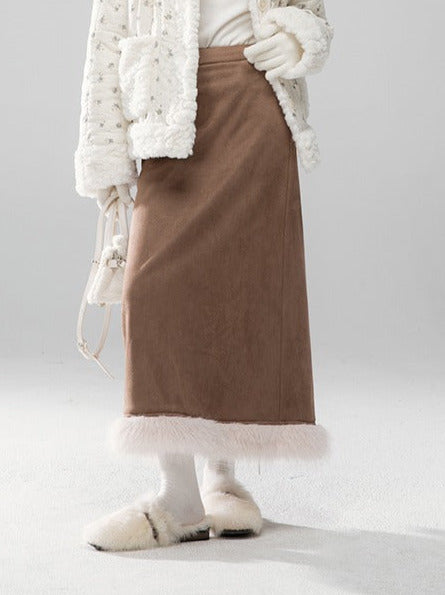 Braken Brown Fur Navy Collar Short Jacket + Fur Slit Skirt [Reserved Item