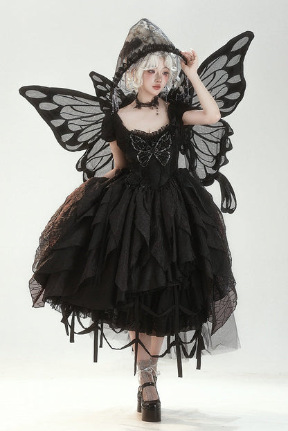【10月28日予約締切】Black/White/Red Tiered Lace Ruffle Lolita Skirt