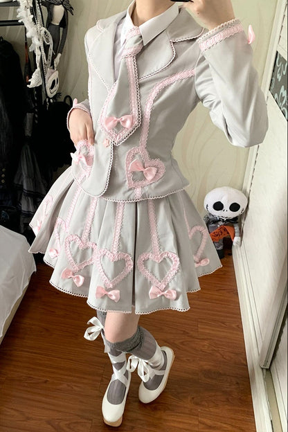 [Pre-order Deadline: June 28] Pink/Gray Vintage Lolita Heart Ribbon Tailored Jacket + Skirt + Tie