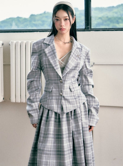 Diamond Check Waist Blazer + Short Skirt + Long Skirt