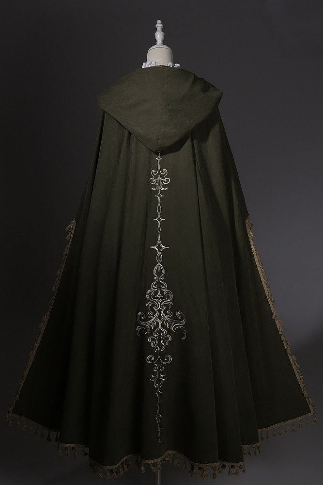 [Clôture des précommandes le 6 novembre] Ensemble robe gothique classique fantaisie blanche à manches longues avec col à volants + cape verte à capuche brodée avec pampilles + gilet marron jacquard