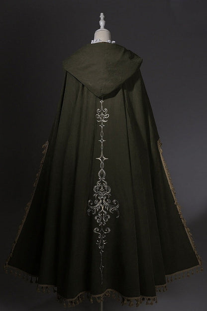 [Clôture des précommandes le 6 novembre] Ensemble robe gothique classique fantaisie blanche à manches longues avec col à volants + cape verte à capuche brodée avec pampilles + gilet marron jacquard