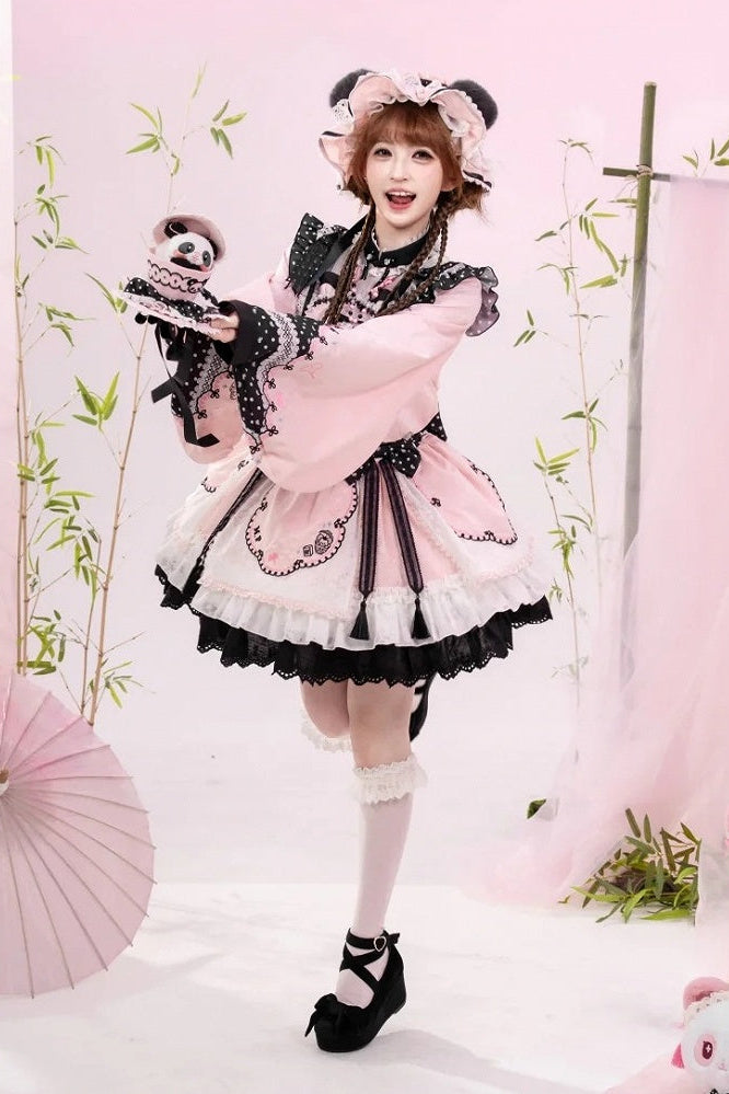 [Pre-order Deadline: October 25] Pink/White/Green Chinoiserie Lolita Sweet Panda Polka Dot Lace Apron Ruffle OP Dress