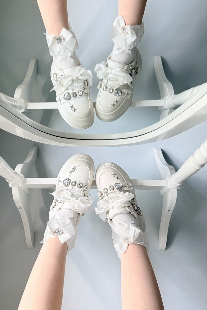 【10月6日予約締切】White/Pink/Black Rhinestone Buckle Lace Cross Charm Ribbon Chunky Sneakers