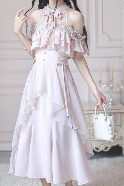 Blusa elegante de hombros descubiertos en rosa claro + falda de cola de pez