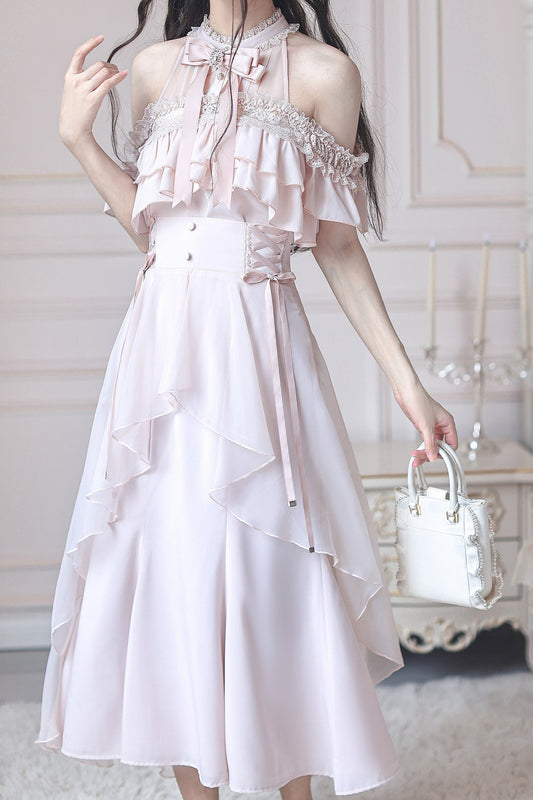 Elegant Light Pink Off-Shoulder Blouse + Fishtail Skirt