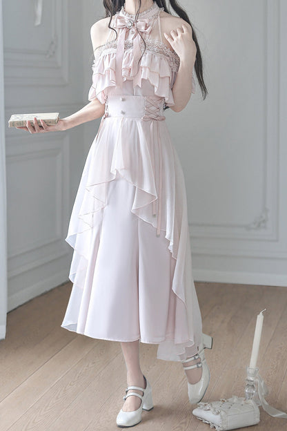 Blusa elegante de hombros descubiertos en rosa claro + falda de cola de pez