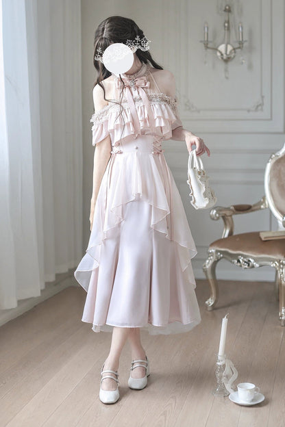 Blusa elegante de hombros descubiertos en rosa claro + falda de cola de pez