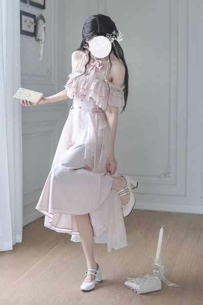 Blusa elegante de hombros descubiertos en rosa claro + falda de cola de pez