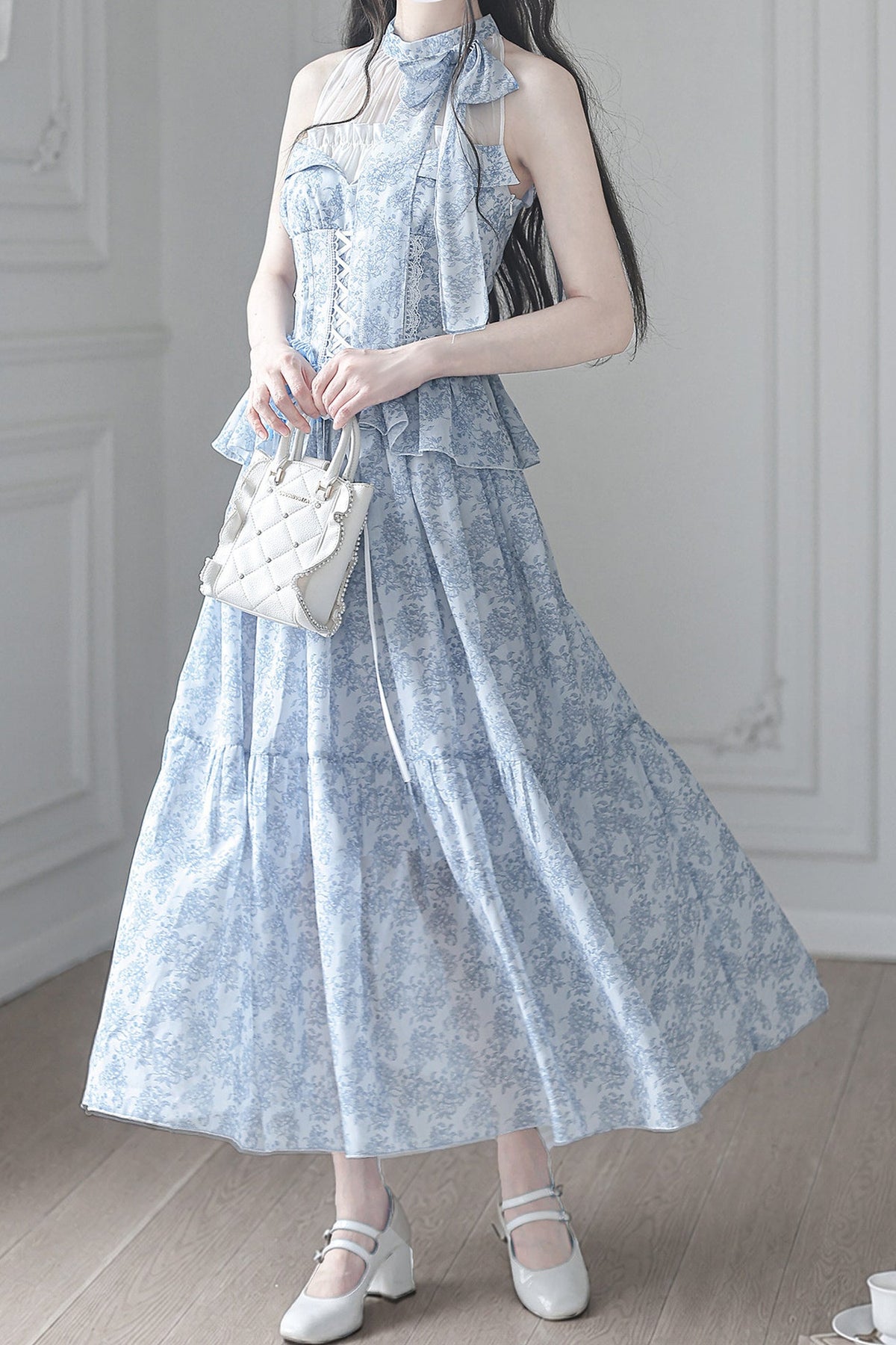 Elegant Print Halter Neck Long Dress
