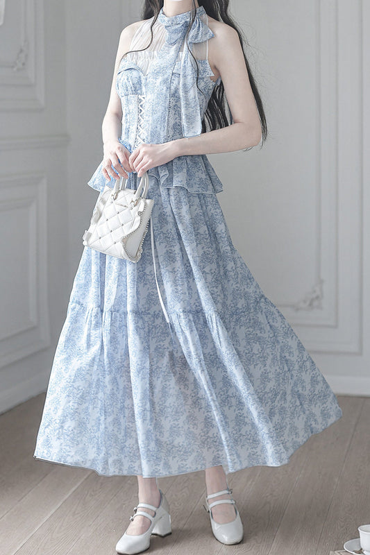 Abito lungo elegante con stampa e scollo all'americana
