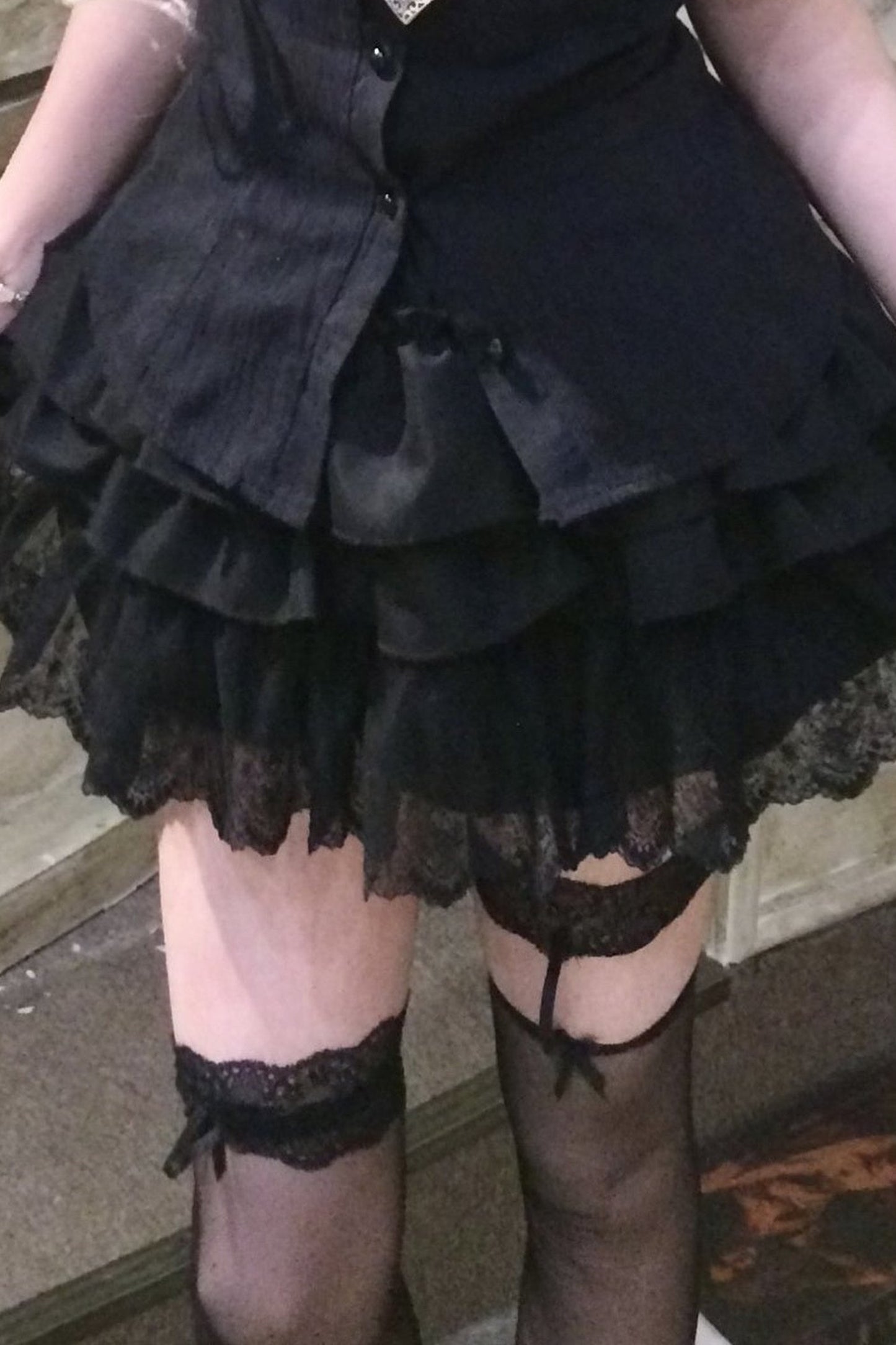 Black Puff Sleeve Lace Patchwork Top and Skirt Set