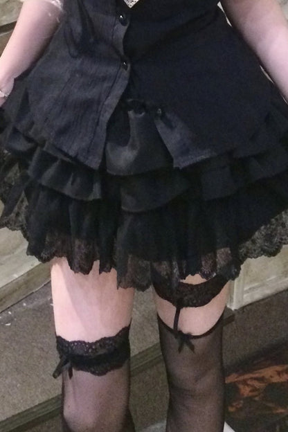 Black Puff Sleeve Lace Patchwork Top and Skirt Set