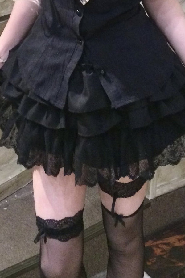 Black Puff Sleeve Lace Patchwork Top and Skirt Set