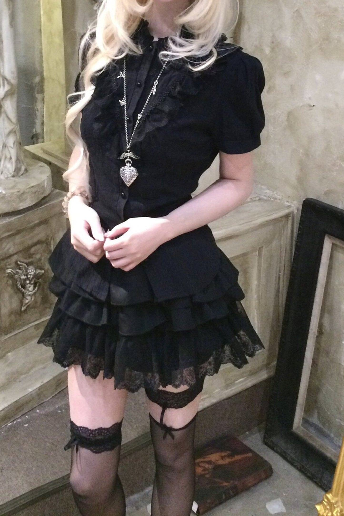 Black Puff Sleeve Lace Patchwork Top and Skirt Set