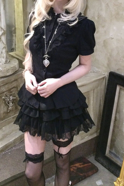 Black Puff Sleeve Lace Patchwork Top and Skirt Set