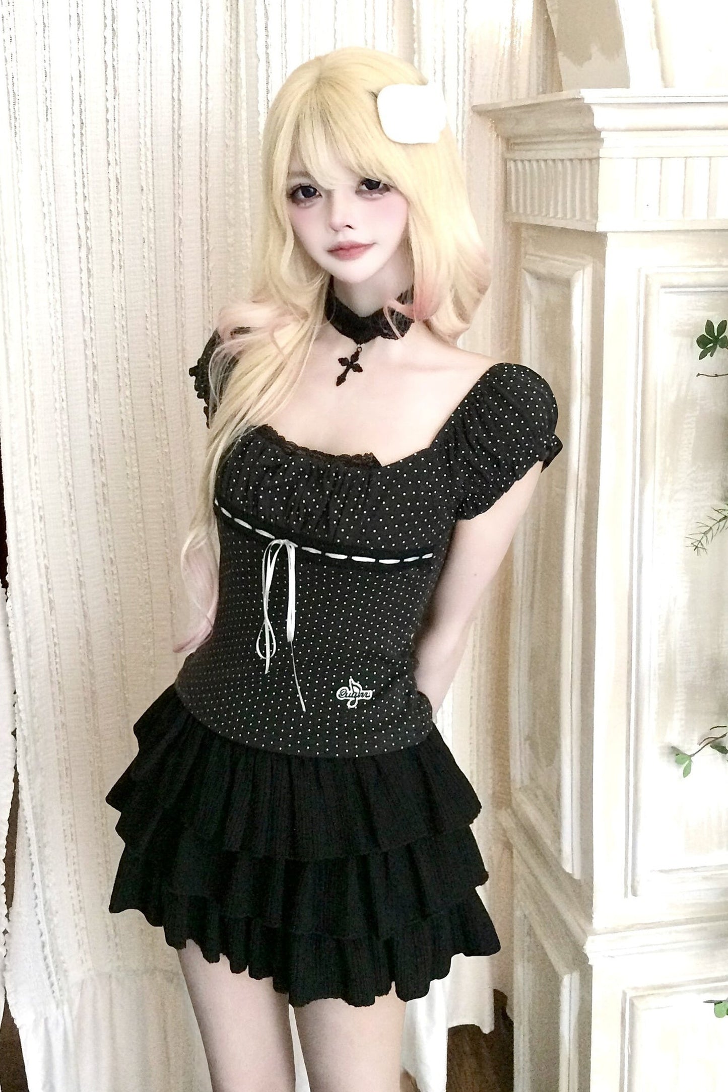 Polka Dot Lace Trim Tie-Up T-Shirt and Ruffle Skirt Set