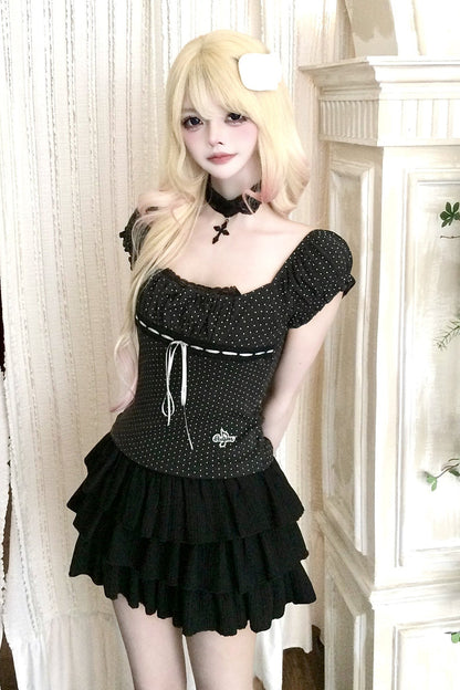 Polka Dot Lace Trim Tie-Up T-Shirt and Ruffle Skirt Set