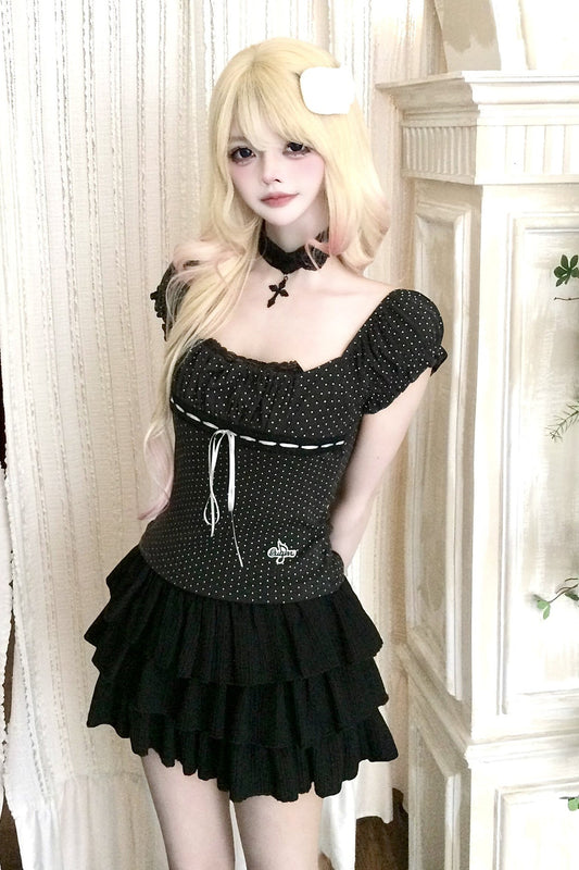 Polka Dot Lace Trim Tie-Up T-Shirt and Ruffle Skirt Set
