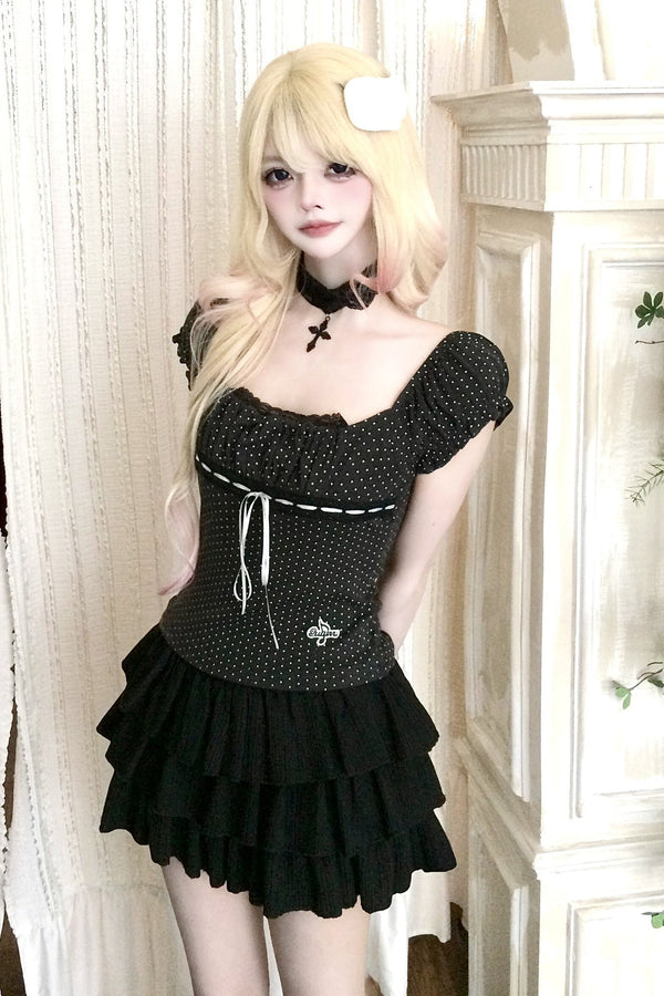 Polka Dot Lace Trim Tie-Up T-Shirt and Ruffle Skirt Set