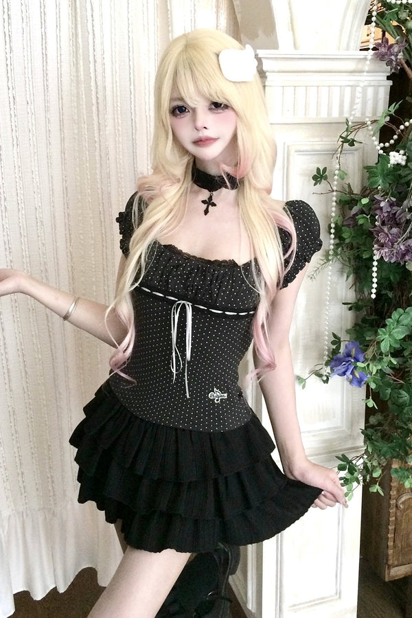Polka Dot Lace Trim Tie-Up T-Shirt and Ruffle Skirt Set