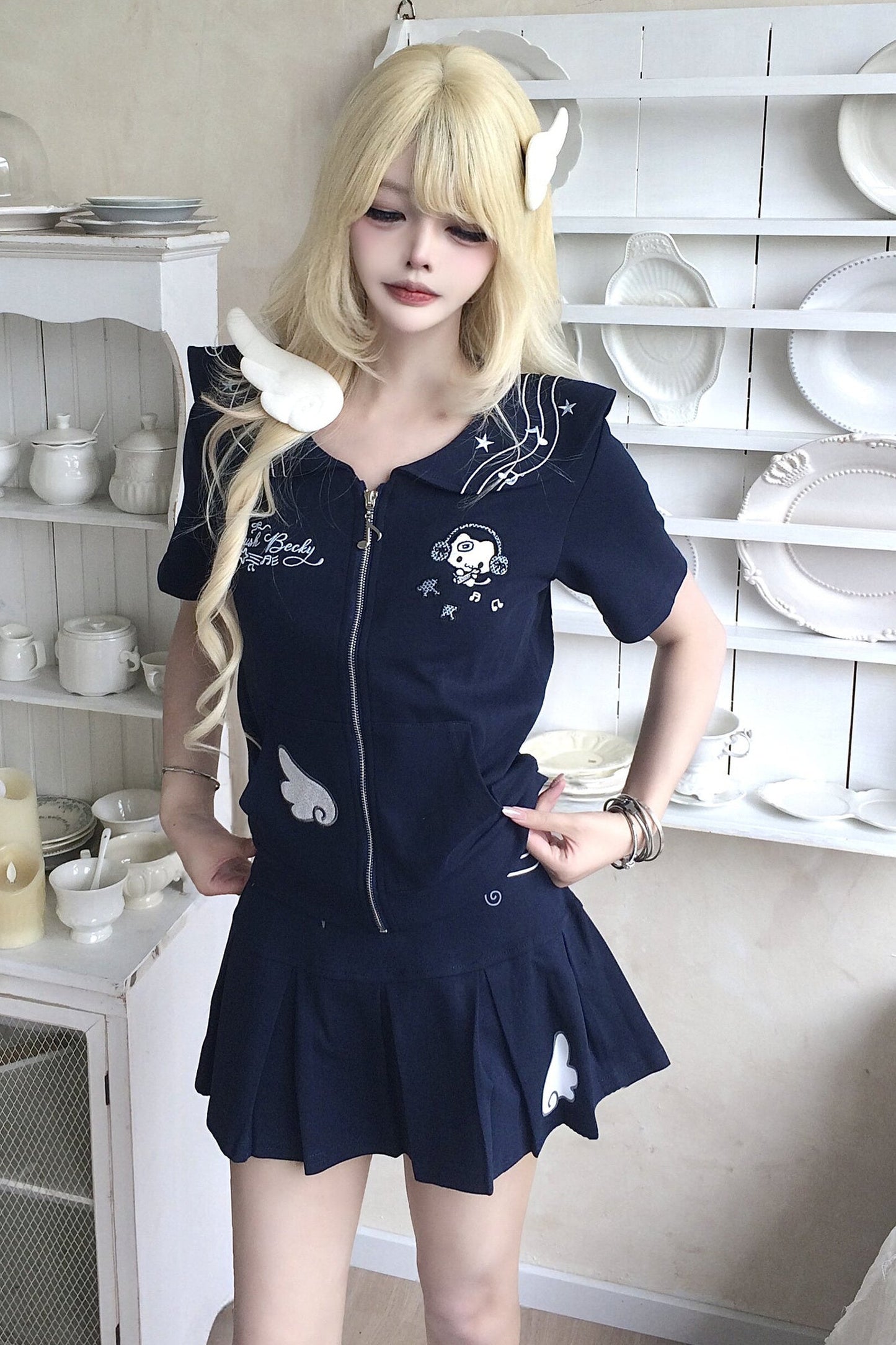 Collar Zipper Cardigan and Pleated Skirt Set-Up