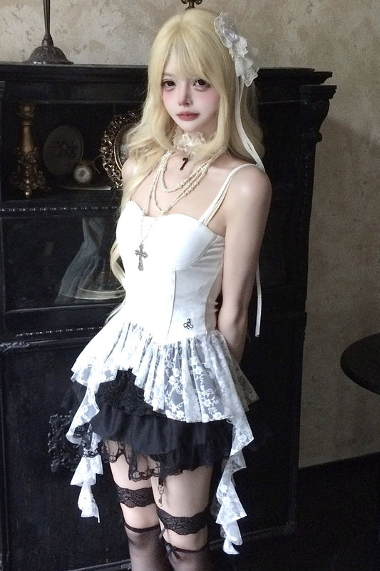 White Lace Spliced Irregular Strap Dress