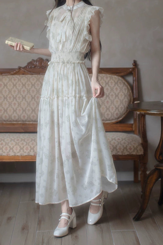 Green Floral Chiffon Accordion Pleat Long Dress