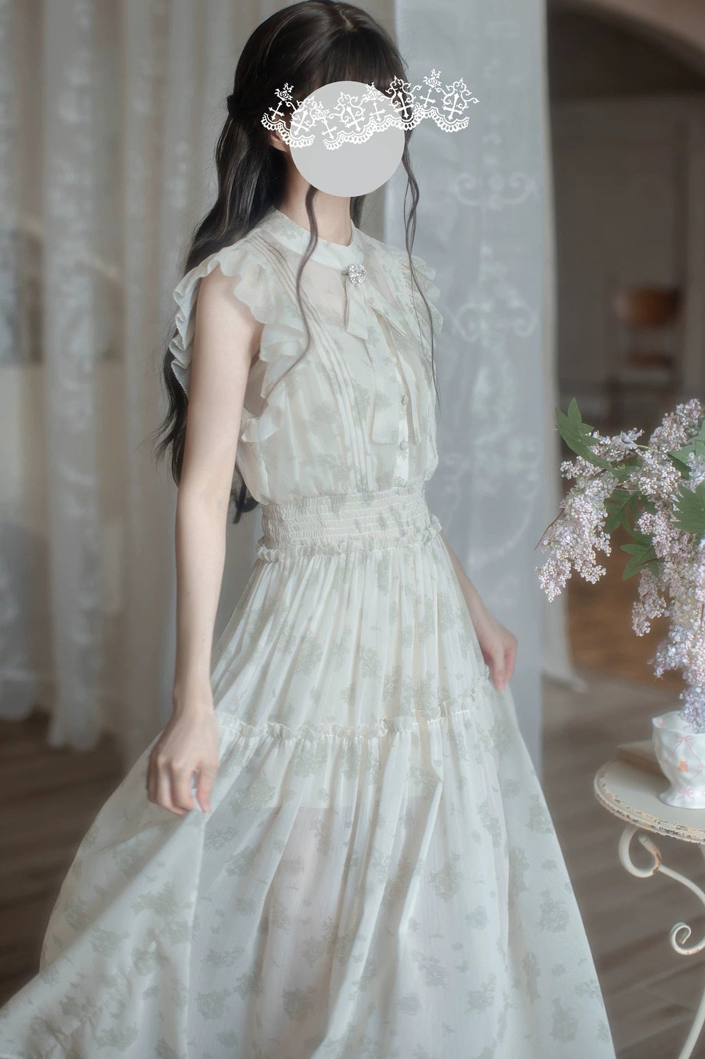 Green Floral Chiffon Accordion Pleat Long Dress