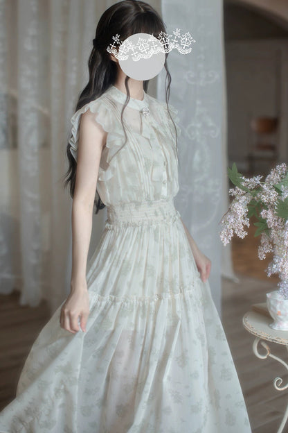 Green Floral Chiffon Accordion Pleat Long Dress
