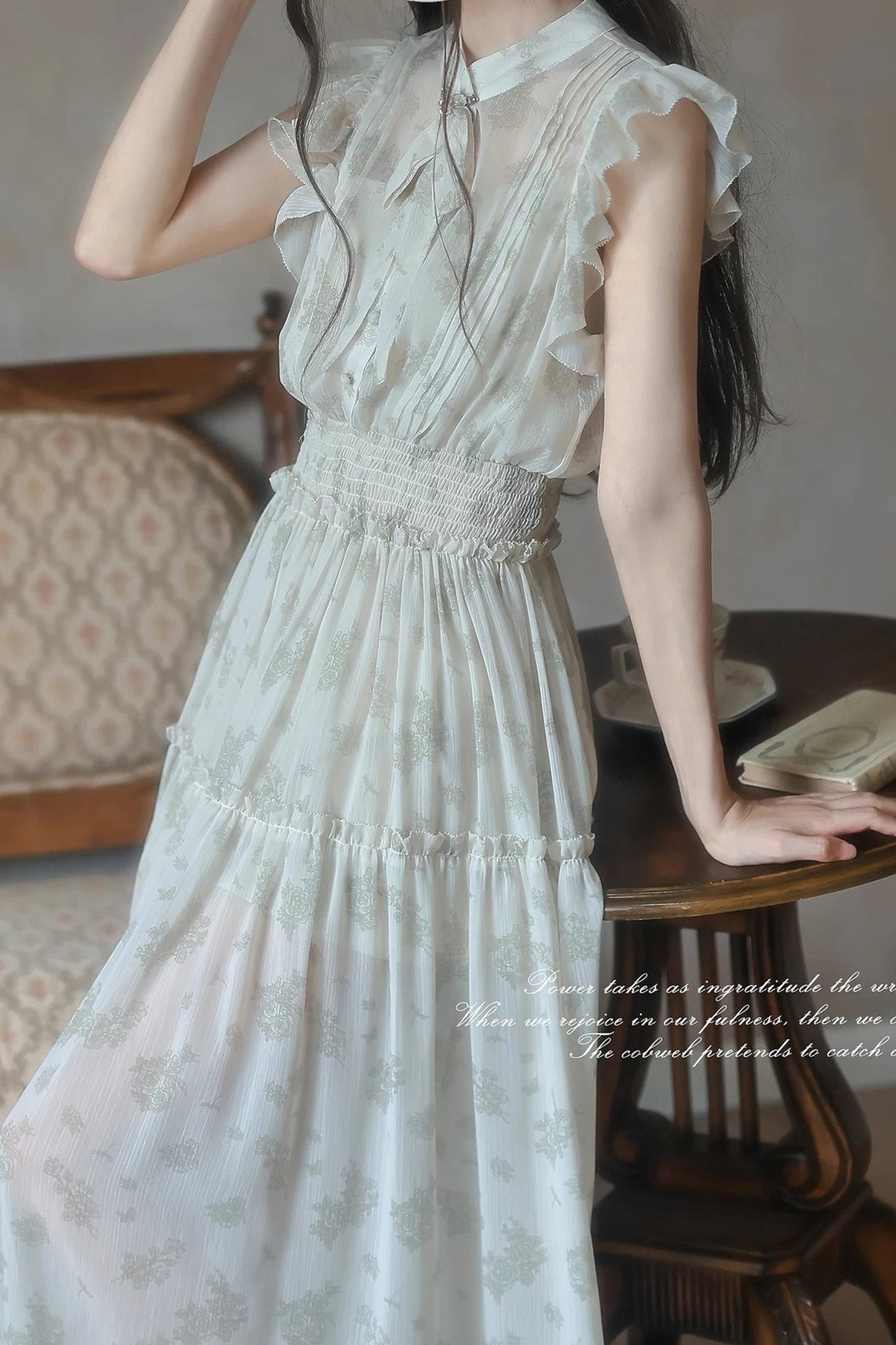 Green Floral Chiffon Accordion Pleat Long Dress
