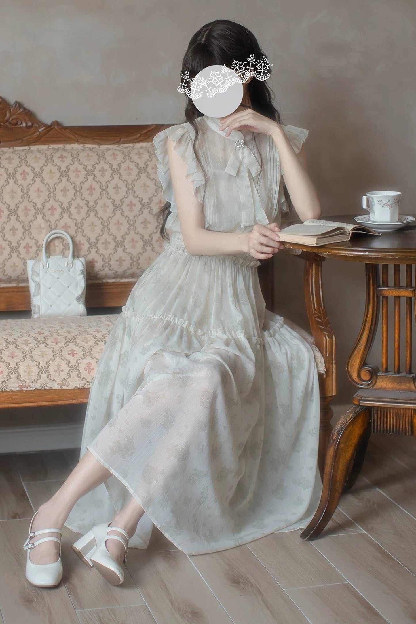 Green Floral Chiffon Accordion Pleat Long Dress