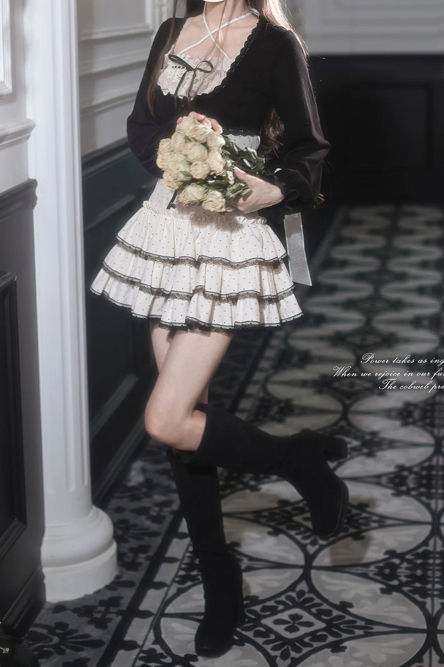 Polka Dot Knit Cardigan and Suspender Skirt Set