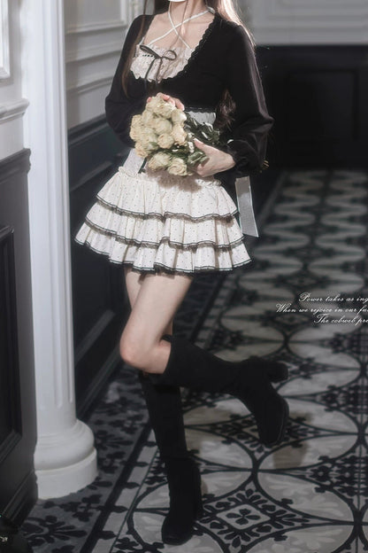 Polka Dot Knit Cardigan and Suspender Skirt Set