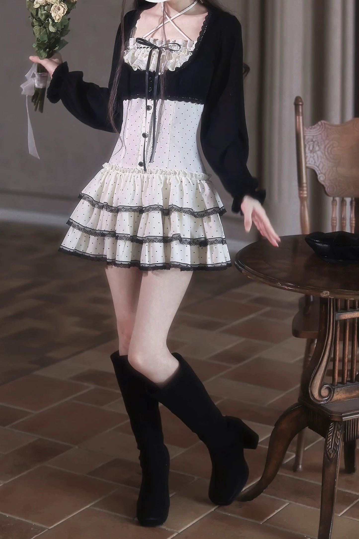 Polka Dot Knit Cardigan and Suspender Skirt Set