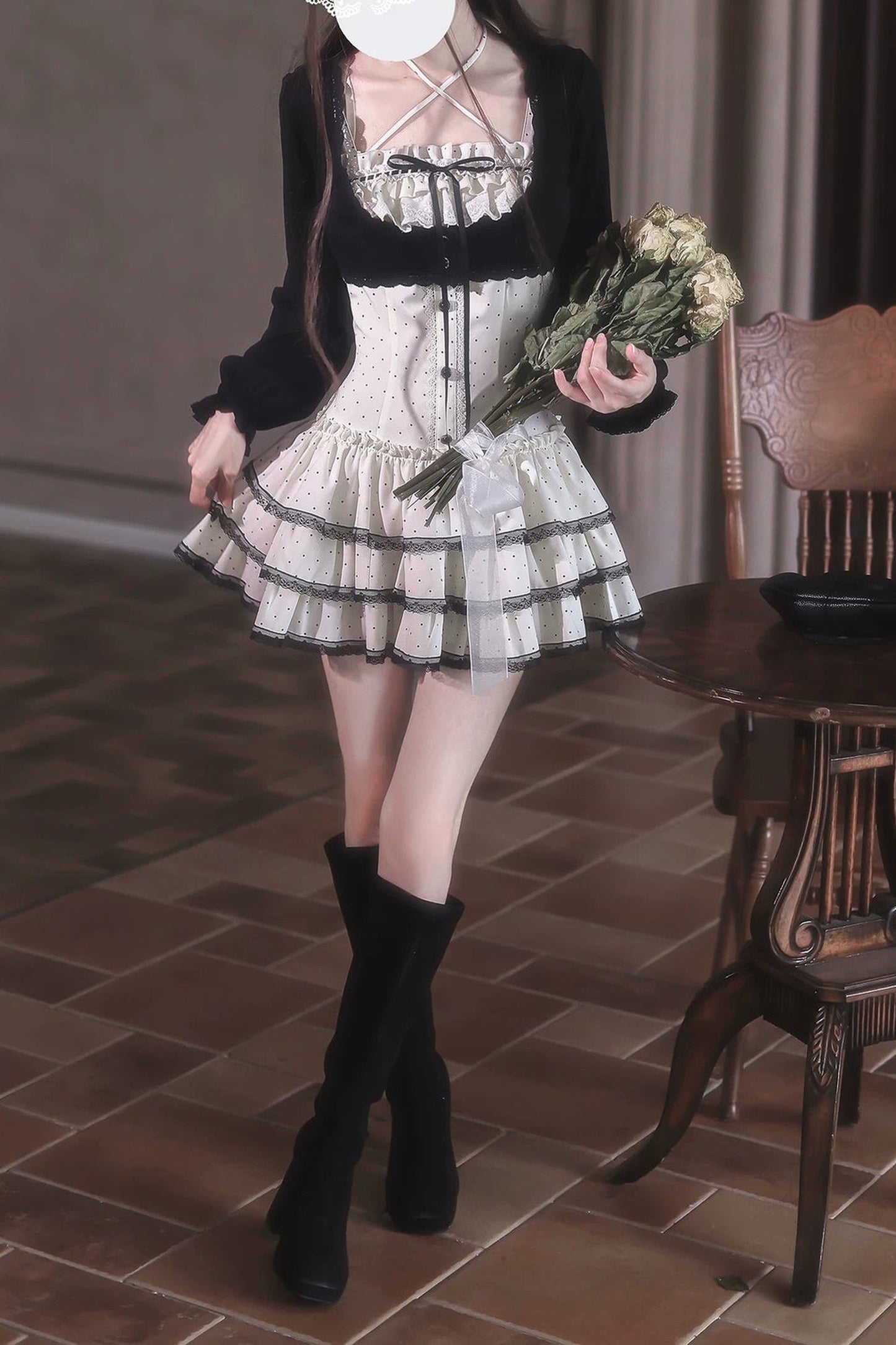 Polka Dot Knit Cardigan and Suspender Skirt Set