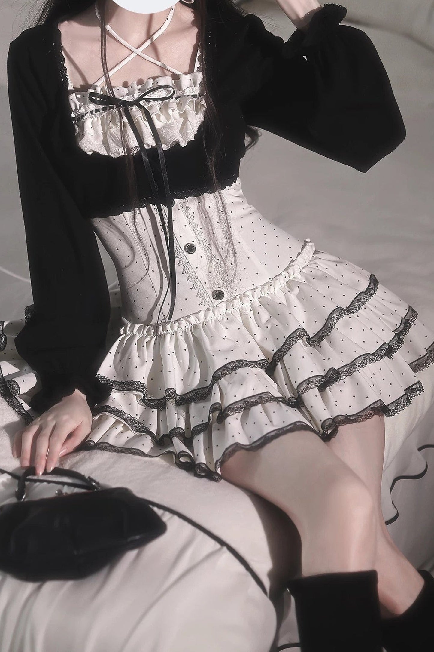 Polka Dot Knit Cardigan and Suspender Skirt Set